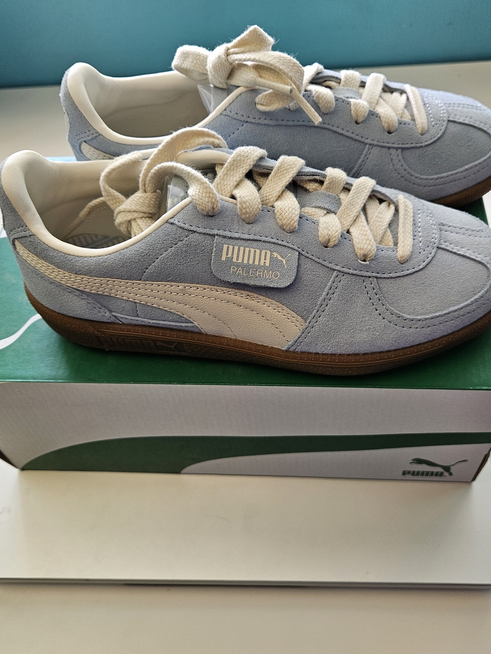 Puma Palermo Suede Sneakers in Light Blue and Cream
